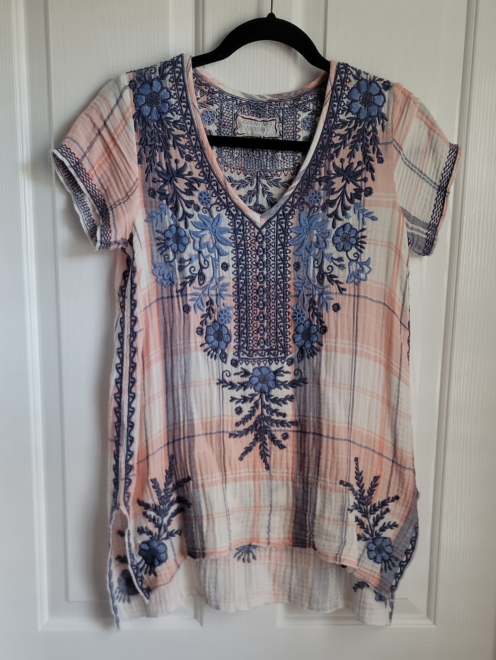 Johnny Was Pink Plaid Tunic Blue Floral Embroidery Workshop Shirt Top XS X Small